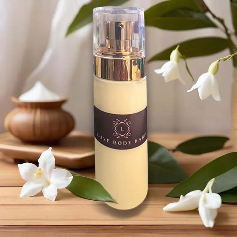 120 ml organic lotion bottle on wooden surface with flowers and leaves, showcasing hydrating properties.