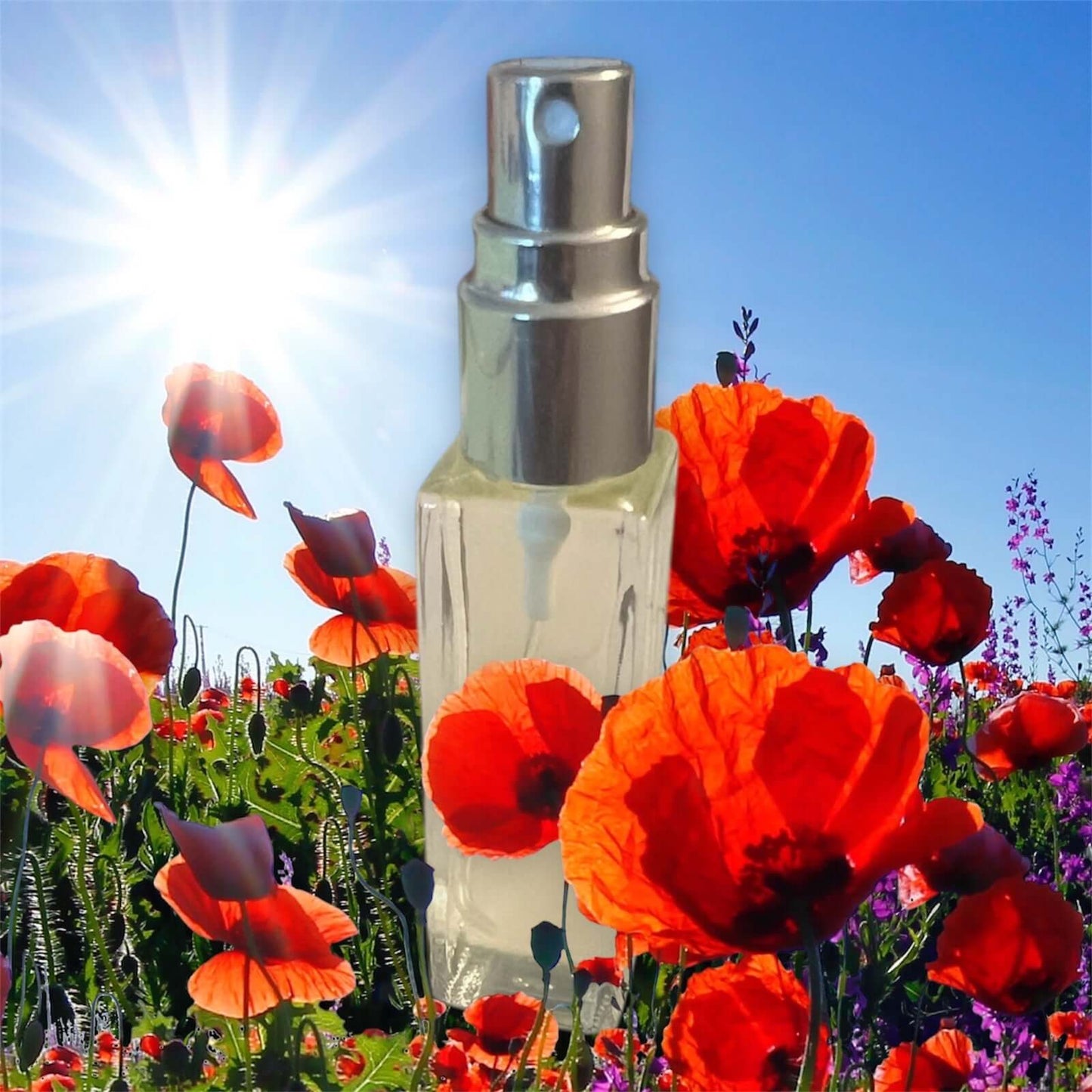 Luxury Perfume Spray bottle surrounded by vibrant red flowers in sunlight.